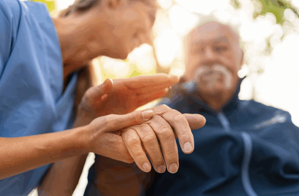 Caregiver in scrubs supporting the hand of an older adult while talking outside on a sunny day