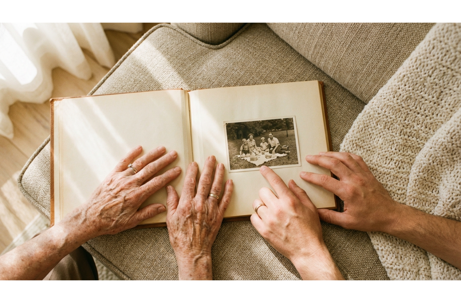 senior and young hands point at a photo in a photo album
