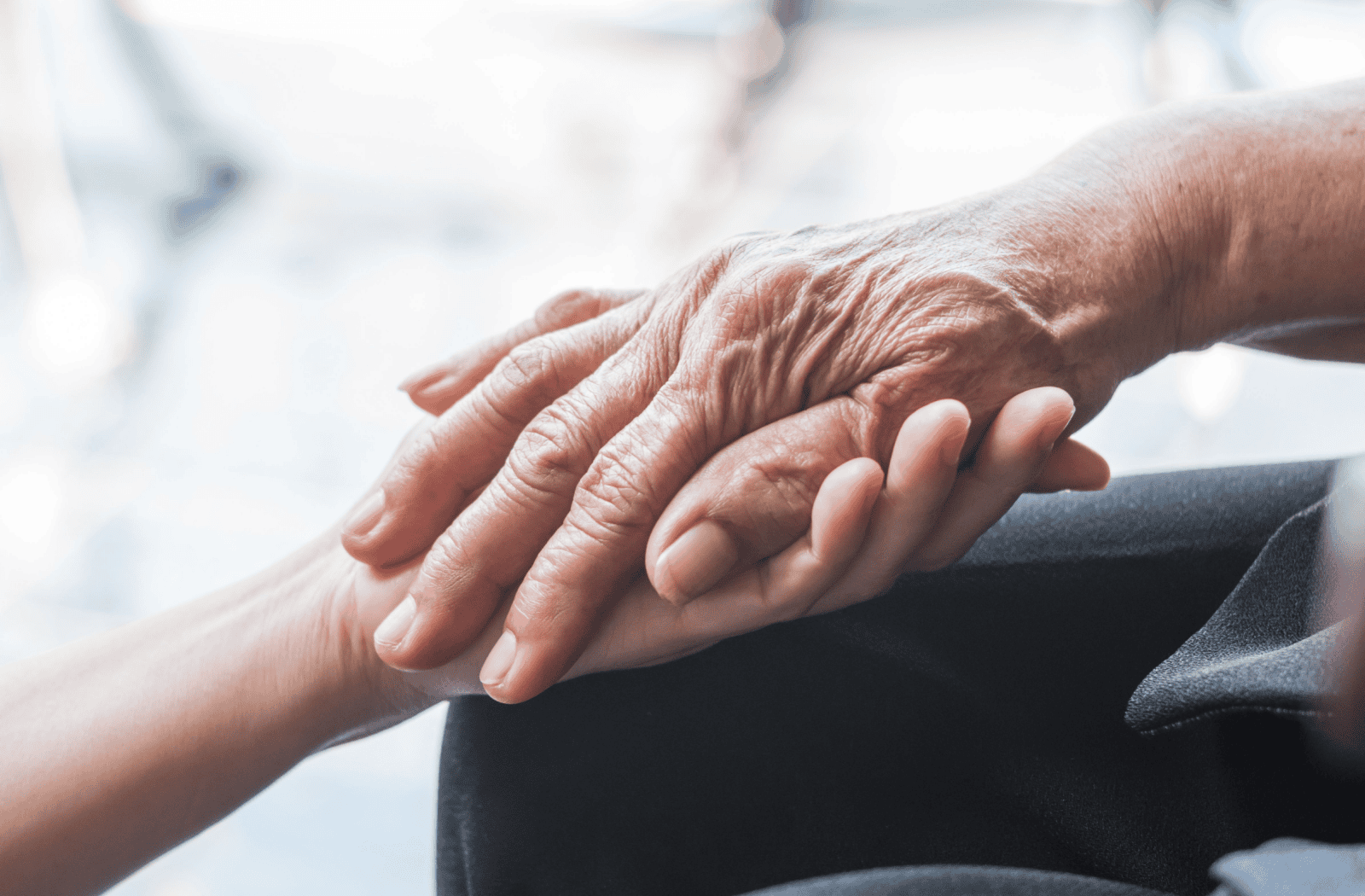 A close-up of an adult holding a senior person's hand.