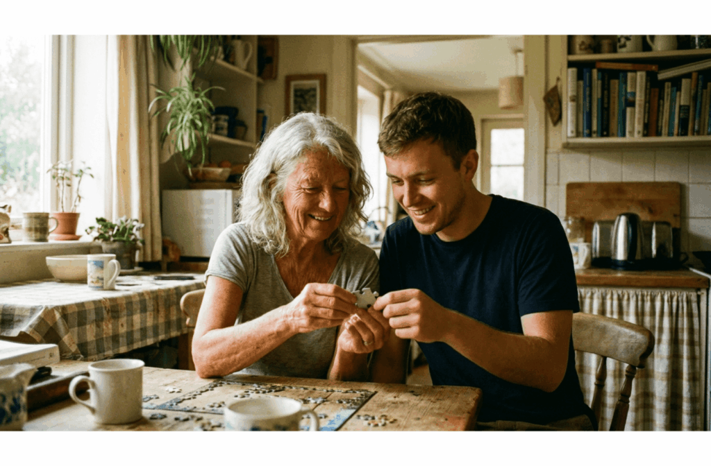 Senior and younger adult working on a jigsaw puzzle together at a sunlit wooden table emphasizing connection and care.