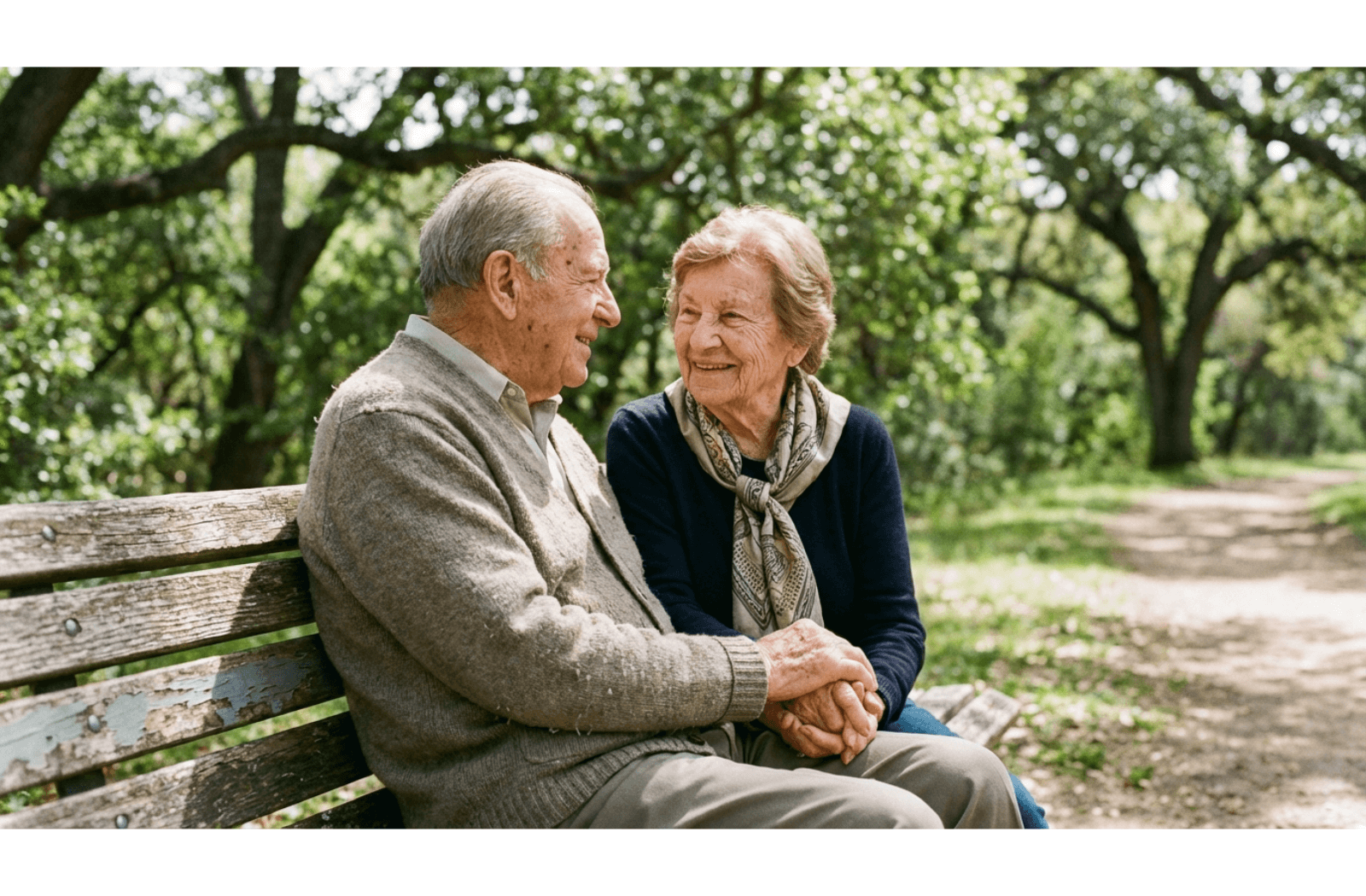 Two older adults sitting close together on a wooden park bench on a sunny day surrounded by trees