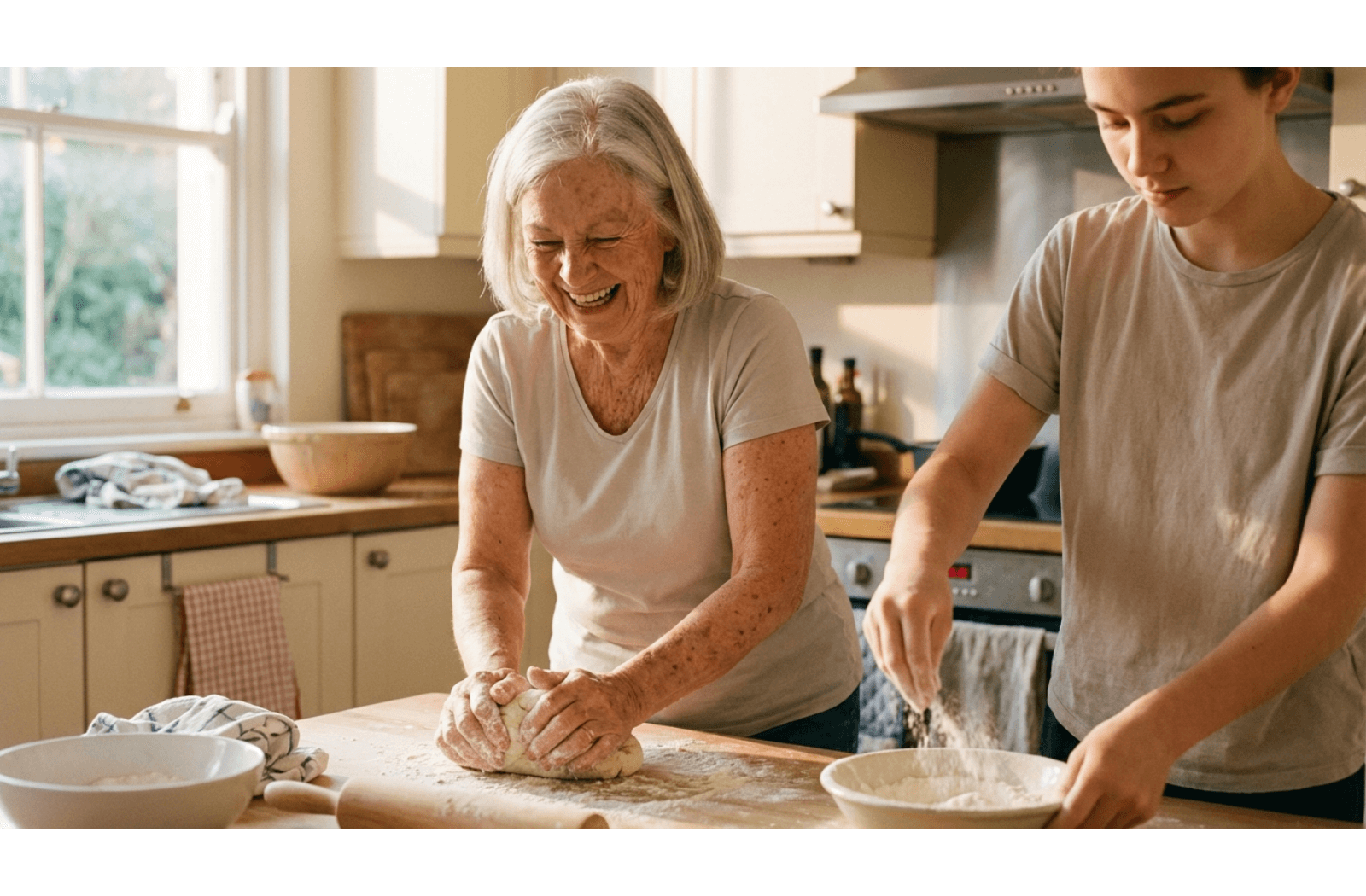 An older adult kneads dough in a sunlit kitchen while a younger person assists by dusting flour, showing supported independence in a home setting.