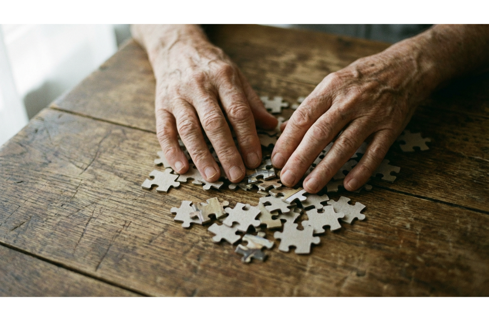 A senior person's hands rest on a wooden table near scattered puzzle pieces, representing cognitive challenges.