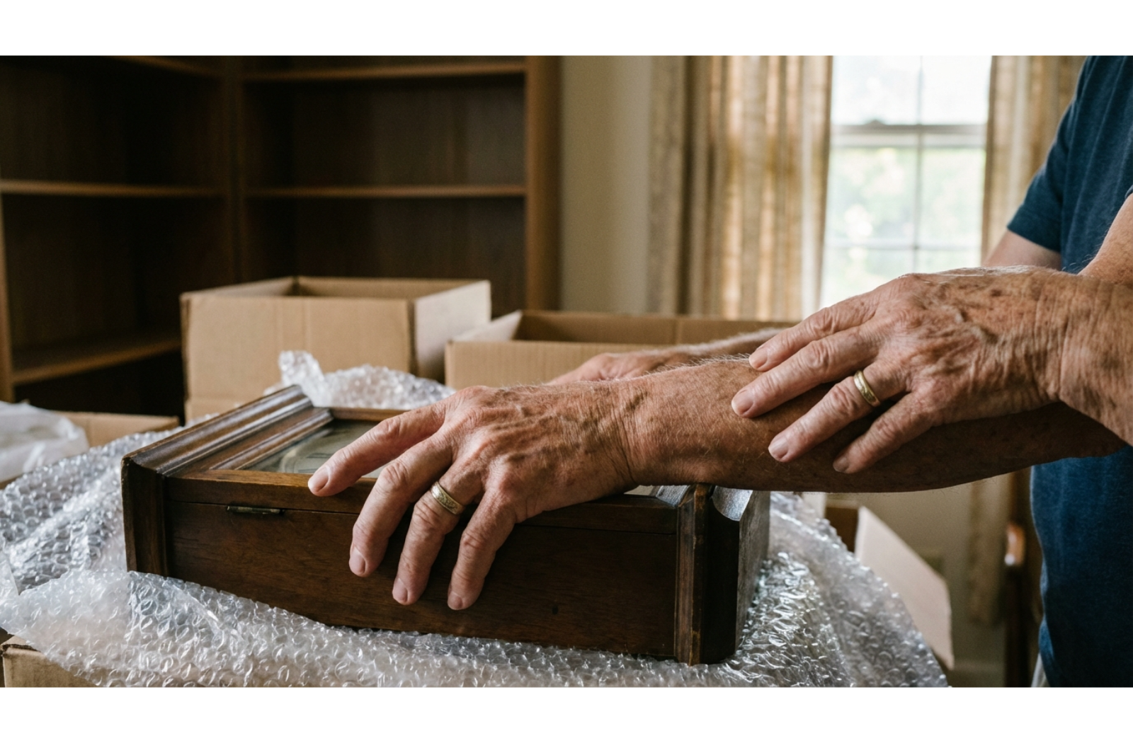 An adult helps an elderly person wrap a keepsake clock for moving boxes in a softly lit living room.