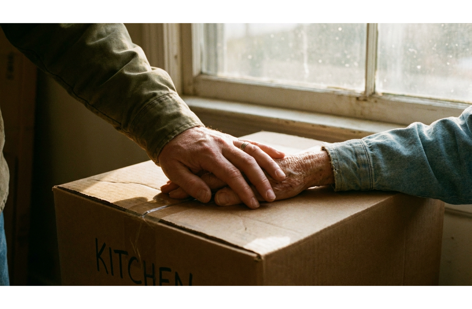 old hands clasp on a moving box