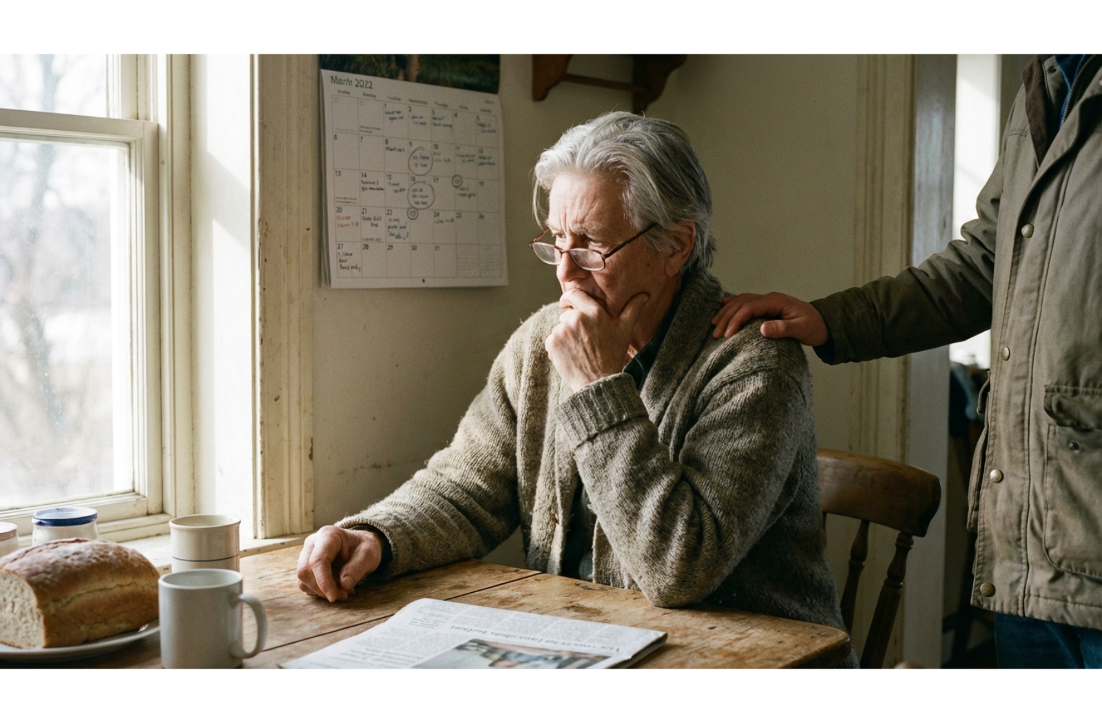 Older adult looking at a calendar with a confused expression while a caregiver's hand rests on their shoulder.