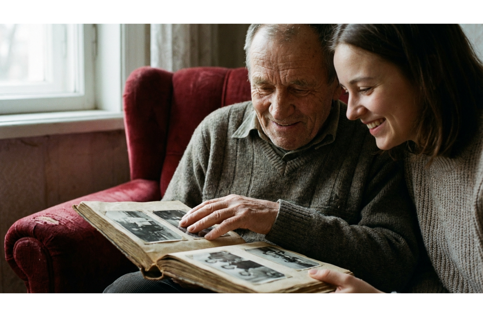 a senior and a young adult look at a photo album