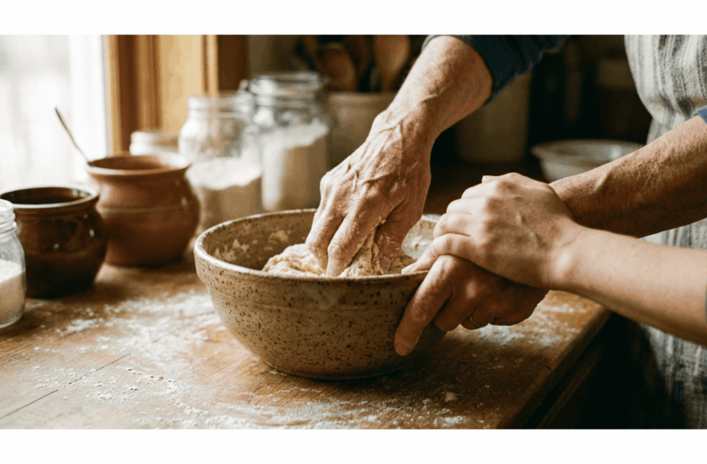 Close-up of an older adult's hands and a younger person's hands mixing ingredients in a bowl on a wooden table.