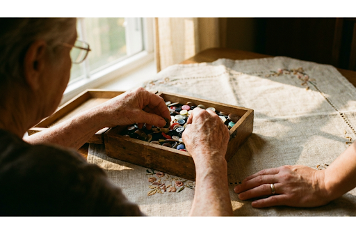 Close-up of an older adult's hands sorting colorful buttons on a table while a younger person assists, showing tactile sensory activity.
